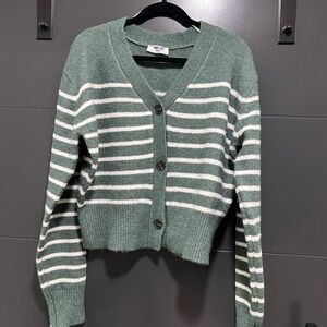 Women’s Green and White Striped Cardigan Sweater